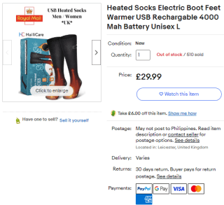 Grab heated socks electric boot feet warmer from eBay as low as £23.99