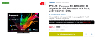 Televisor OLED - Panasonic TX-42MZ800E, 42 pulgadas,4K HDR, Procesador HCX Pro AI, Dolby Vision IQ, HDR10 por 831€