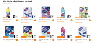 Alle Glorix toiletblokken en bleek 4 voor €5 bij de AH