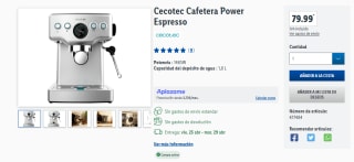 Cafetera express Cecotec Power Espresso 20 Barista Mini, 20 bar, 1465 W, 1.8 l, 2 tazas por 79,99€