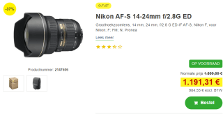 Nikon AF-S 14-24mm f/2.8G ED voor €1.191,31 bij Proshop