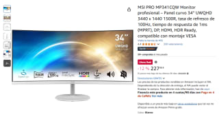 Monitor MSI PRO MP341CQW 34" LED UWQHD 100Hz Curva por 227,88€