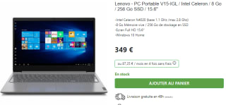 Ordinateur portable Lenovo - PC Portable V15-IGL / Intel Celeron / 8 Go / 256 Go SSD / 15.6" à 349€