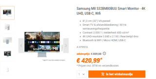 Samsung M8 LS32BM80BUU - 4K VA 60Hz Smart Monitor voor €420,99 bij Nbb