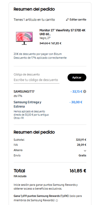 Monitor Monitor Samsung 27″ 4K 60Hz IPS HDR10 sRGB 99% VESA sin Parpadeos por 161,85€