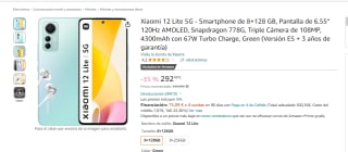 Smartphone Xiaomi 12 Lite 5G 8+128GB por 292.49€