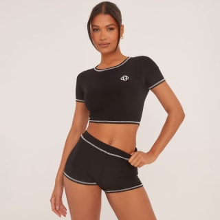 Embroidered Crop Top & Booty Shorts Set in Black - £10