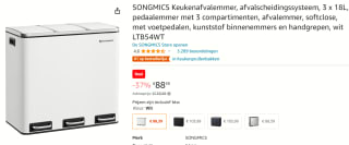 SONGMICS Afvalemmer, afvalscheidingssysteem, met 3 kunststof binnenbakken, voor €88,39 bij Amazon