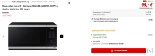 Microondas con grill Samsung MG23DG4524ATE1, 800W, 6 niveles por 99€