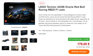 LEGO Technic Oracle Red Bull Racing RB20 F1 auto voor €179 bij Proshop
