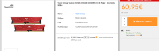 Memoria Team Group Vulcan 32GB 2x16GB 3600MHz CL18 por 58,95€