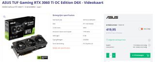 Asus Geforce RTX 3060 TI TUF-RTX3060TI-O8GD6X-GAMING Videokaart voor €419,95 bij Azerty