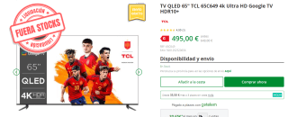 TV QLED 65" TCL 65C649 4k Ultra HD Google TV HDR10+ por 495€