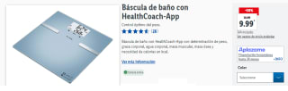 Báscula de baño con HealthCoach-App con determinación de peso, grasa corporal, agua corporal, masa muscular, masa ósea y necesidad de calorías en kcal. por 9.99€
