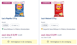 Lay's Natural en Paprika 175gr voor €1,08 bij de Makro