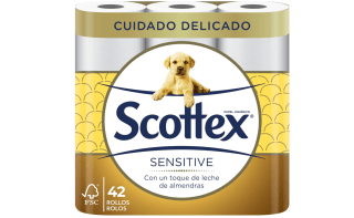 Scottex Papel Higiénico Sensitive 42 rollos con 3 capas cuidado delicado gracias al toque de leche de almendras (7 packs de 6 rollos) por 16,05€