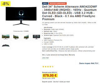 Alienware AW3423DWF Zwart voor €879 bij Proshop