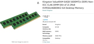 Kingston ValueRAM KVR56U46BD8K2-64 voor €152,19 bij Amazon.nl