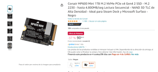 Disco Duro SSD 2230 Corsair MP600 Mini 1TB M.2 NVMe PCIe x4 Gen4 2 por 90,99€