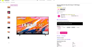 Hisense TV 65A6K UHD 4K Smart TV de 65" Dolby Vision por solo 399€