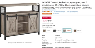 VASAGLE dressoir Industrieel 100 x 80 x 33 cm voor €94,39 bij Amazon
