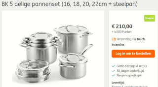 BK Twist - 5 delige pannenset met deksel voor € 210 + 4.000 ING Punten