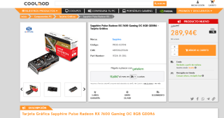 Tarjeta gráfica Sapphire Pulse Radeon RX 7600 Gaming OC 8GB GDDR6 por 289,94€