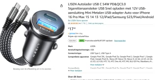 LISEN Autolader USB C 54W PD&QC3.0 voor €10,79 dmv code bij Amazon