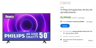 TV Philips 50" Roku 4K Ultra HD LED por $5,999 en Walmart