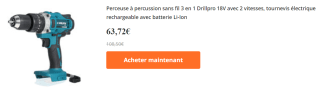 Perceuse à percussion sans fil 3 en 1 Drillpro 18V avec 2 vitesses à 63,72€