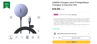 UGREEN Chargeur sans Fil Magnétique Chargeur à Induction 15W à 16,99€