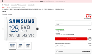 Tarjeta Micro SDXC Samsung Evo Plus MB-MC128KA/EU 128GB Clase 10 V30 UHS-I Lectura 130 MB/s por solo 9,99€
