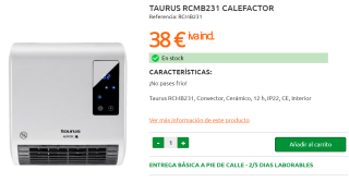 Calecfactor Taurus RCMB231, Convector, Cerámico, 12 h, IP22, CE, Interior por 38€