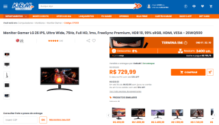Monitor Gamer da LG de 26 polegadas - R$ 729,99