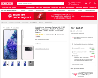 Smartphone da Samsung, modelo Galaxy S20 FE de 128GB - R$ 1.869