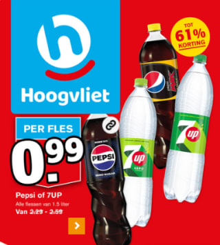 Pepsi of 7up 1,5 liter voor 0,99 bij Hoogvliet