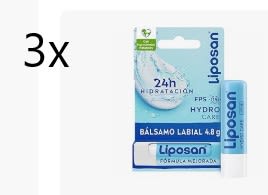 3x Liposan Hydro Care FPS 15 (1 x 4,8 g), cacao de labios con 24 horas de hidratación por 2,99€