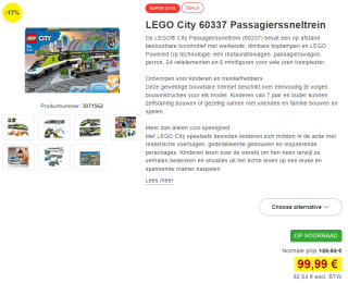 LEGO City 60337 Passagierssneltrein voor €99,99 bij Proshop