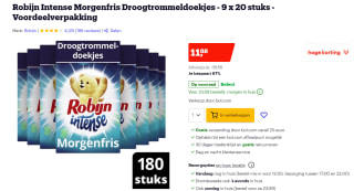 Robijn Intense Morgenfris Droogtrommeldoekjes 9 x 20 stuks bij Bol.com voor €11,88