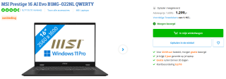 MSI Prestige 16 AI Evo B1MG-022NL Core Ultra 7-155H,32/1TB voor €1.299 bij Coolblue