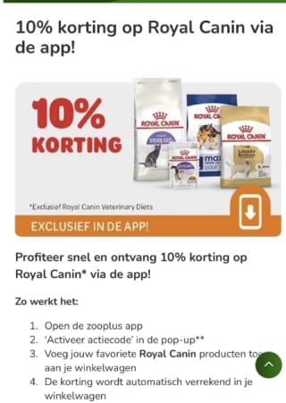 10% korting op Royal Canin bij ZooPlus via de App