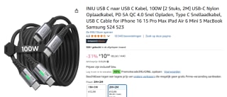 INIU USB C naar USB C Kabel, 100W [2 Stuks, 2M] voor €6,59 dmv code bij Amazon