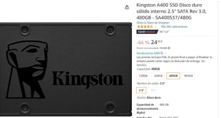 Disco duro interno Kingston A400 SSD2.5" SATA Rev 3.0, 480GB por 24.99€