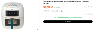 Freidora de aire con inicio diferido 7.4 Litros 1800W Jocca 2157RF por 39,99€