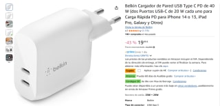 Belkin Cargador de Pared USB Type C PD de 40 W por 15,99€