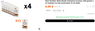 4 Packs de 12 Unidades de 100 grs de Birba Neules Artesanas al Cacao por 39.96€