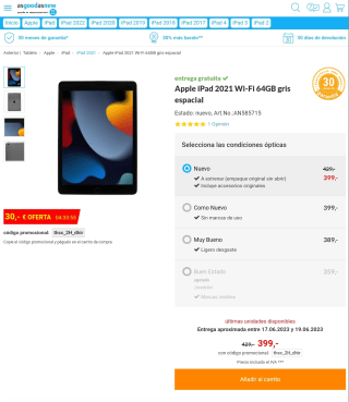 Apple iPad 2021 Wi-Fi 64GB gris espacial por 399€