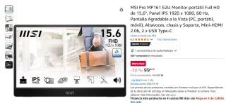 MSI Pro MP161 E2U Monitor portátil Full HD de 15,6", Panel IPS 1920 x 1080, 60 Hz por 99€