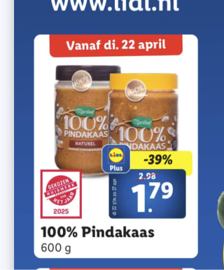 100% Pindakaas 600 gram voor 1,79 euro ( dmv lidl plus )