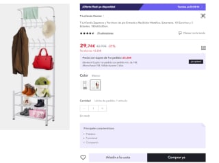 Zapatero y Perchero de pie Metálico. 18 Ganchos y 3 Estantes. 180x65x30cm por 29.74€ (Cuenta Nueva 17.74€)